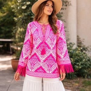 Flying Tomato Pink and Cream Patterned Tunic wide Fringed Sleeves